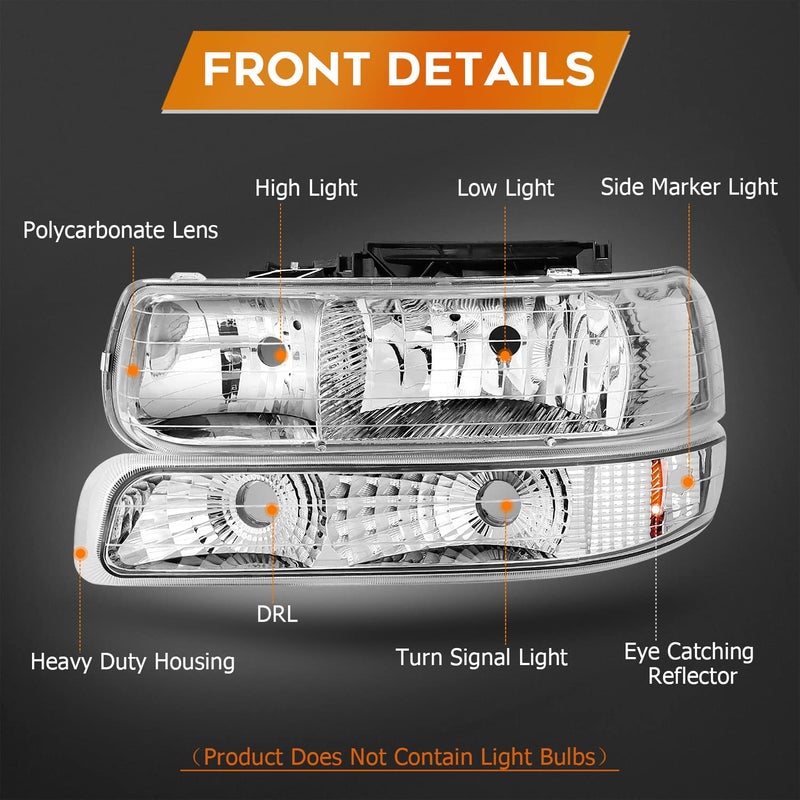 LBRST Headlight Assembly For Chevrolet Silverado 1500 1999-2002/For Chevrolet Silverado 2500 1999-2002 Chrome Housing Amber Reflector Clear Lens Driver and Passenger Side Headlamp - Image 3